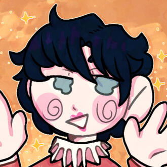 a drawing of a clown wearing pink makeup with an orange background. their hands are partially visible.